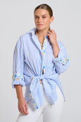 The Boyfriend Shirt - White with Blue Stripe Floral Trim