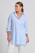 The Boyfriend Shirt - White with Blue Stripe Floral Trim
