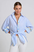The Boyfriend Shirt - White with Blue Stripe Floral Trim