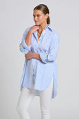 The Boyfriend Shirt - White with Blue Stripe Floral Trim