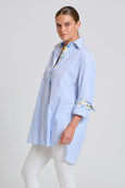 The Boyfriend Shirt - White with Blue Stripe Floral Trim