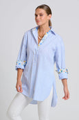 The Boyfriend Shirt - White with Blue Stripe Floral Trim