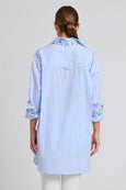 The Boyfriend Shirt - White with Blue Stripe Floral Trim