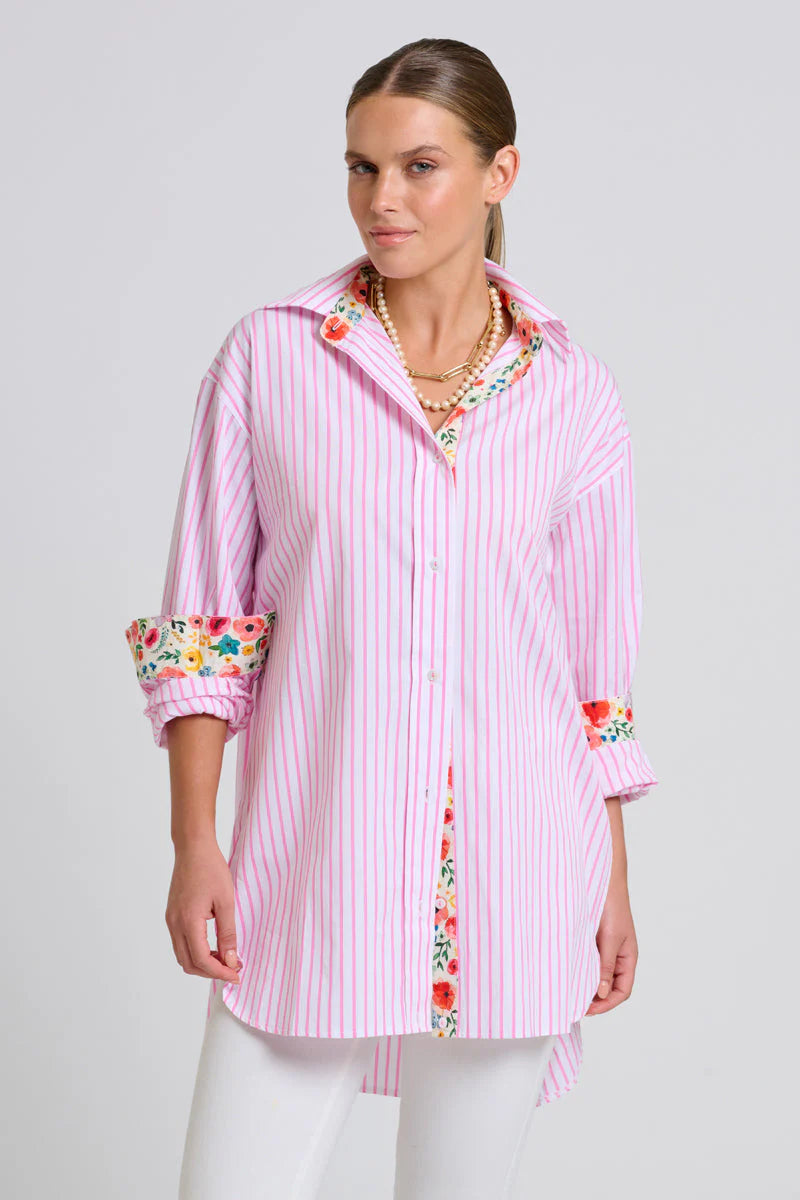 The Boyfriend Shirt - White with Pink Stripe Floral Trim