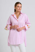 The Boyfriend Shirt - White with Pink Stripe Floral Trim