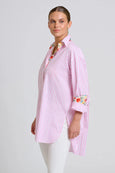 The Boyfriend Shirt - White with Pink Stripe Floral Trim