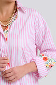 The Boyfriend Shirt - White with Pink Stripe Floral Trim