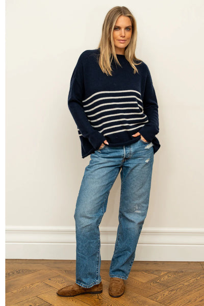 The Smith Wool/Cashmere Crew - French Navy / Ivory Stripe
