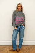 The Smith Wool/Cashmere Crew - Charcoal / Hot Pink Stripe