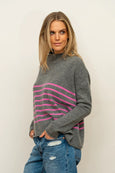 The Smith Wool/Cashmere Crew - Charcoal / Hot Pink Stripe