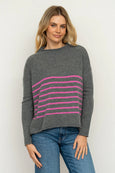 The Smith Wool/Cashmere Crew - Charcoal / Hot Pink Stripe