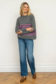 The Smith Wool/Cashmere Crew - Charcoal / Hot Pink Stripe
