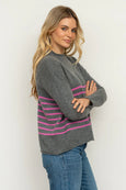 The Smith Wool/Cashmere Crew - Charcoal / Hot Pink Stripe