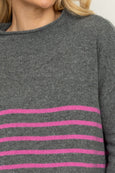 The Smith Wool/Cashmere Crew - Charcoal / Hot Pink Stripe