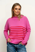 The Smith Wool/Cashmere Crew - Hot Pink / China Red Stripe