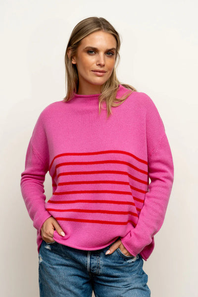 The Smith Wool/Cashmere Crew - Hot Pink / China Red Stripe