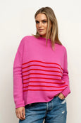 The Smith Wool/Cashmere Crew - Hot Pink / China Red Stripe
