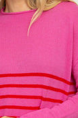 The Smith Wool/Cashmere Crew - Hot Pink / China Red Stripe