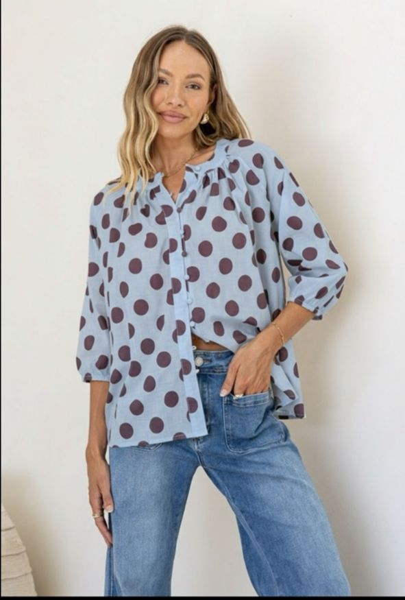 Malta Polka Dot  Top- Blue/Chocolate