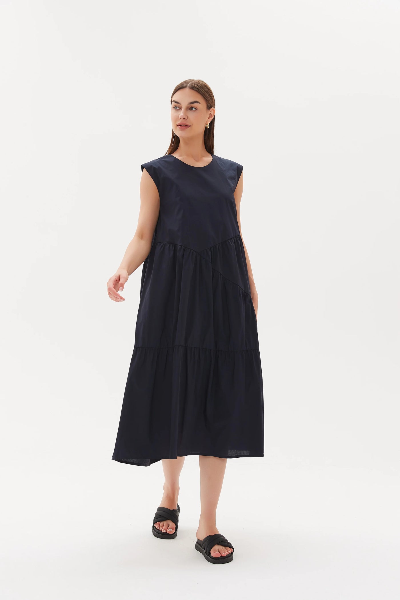 Gathered Tiered Dress- Navy