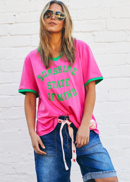 Sunshine State Of Mind Ringer Tee- Pink/Green
