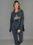 Ginger Leopard Print Splice Star Sweatshirt- Charcoal