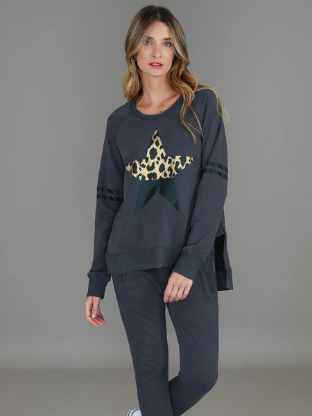 Ginger Leopard Print Splice Star Sweatshirt- Charcoal