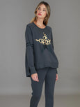 Ginger Leopard Print Splice Star Sweatshirt- Charcoal
