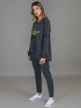 Ginger Leopard Print Splice Star Sweatshirt- Charcoal