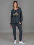 Ginger Leopard Print Splice Star Sweatshirt- Charcoal