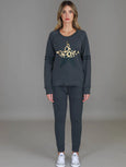 Ginger Leopard Print Splice Star Sweatshirt- Charcoal