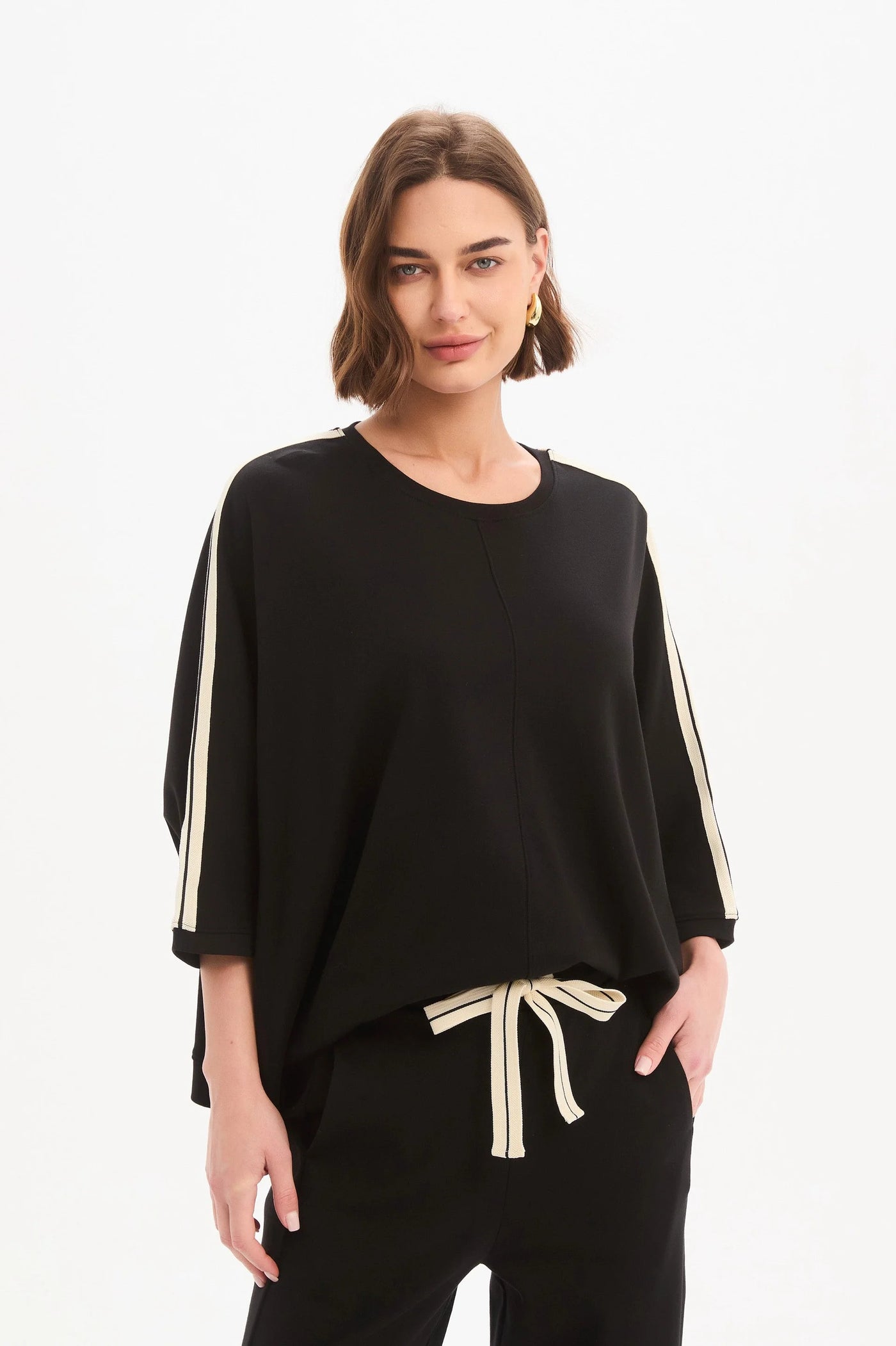 Oversized 3/4 Stripe Sleeve Tee- Black/Cream Stripe