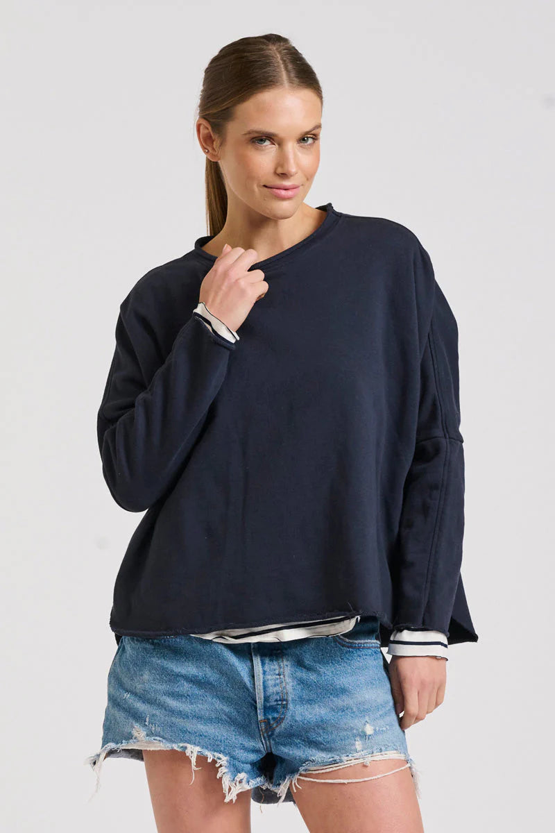 Raw Long Sleeve High-Low Sweat- French Navy