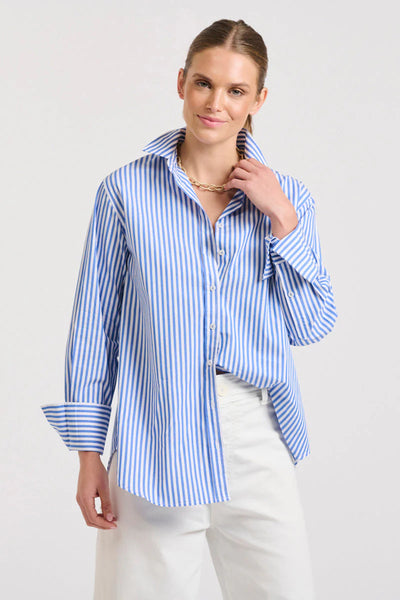 The Elodie Girlfriend Shirt- Mid Blue Stripe