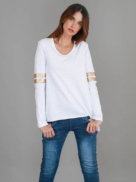 Kiara Twin Gold Stripe T Shirt- White