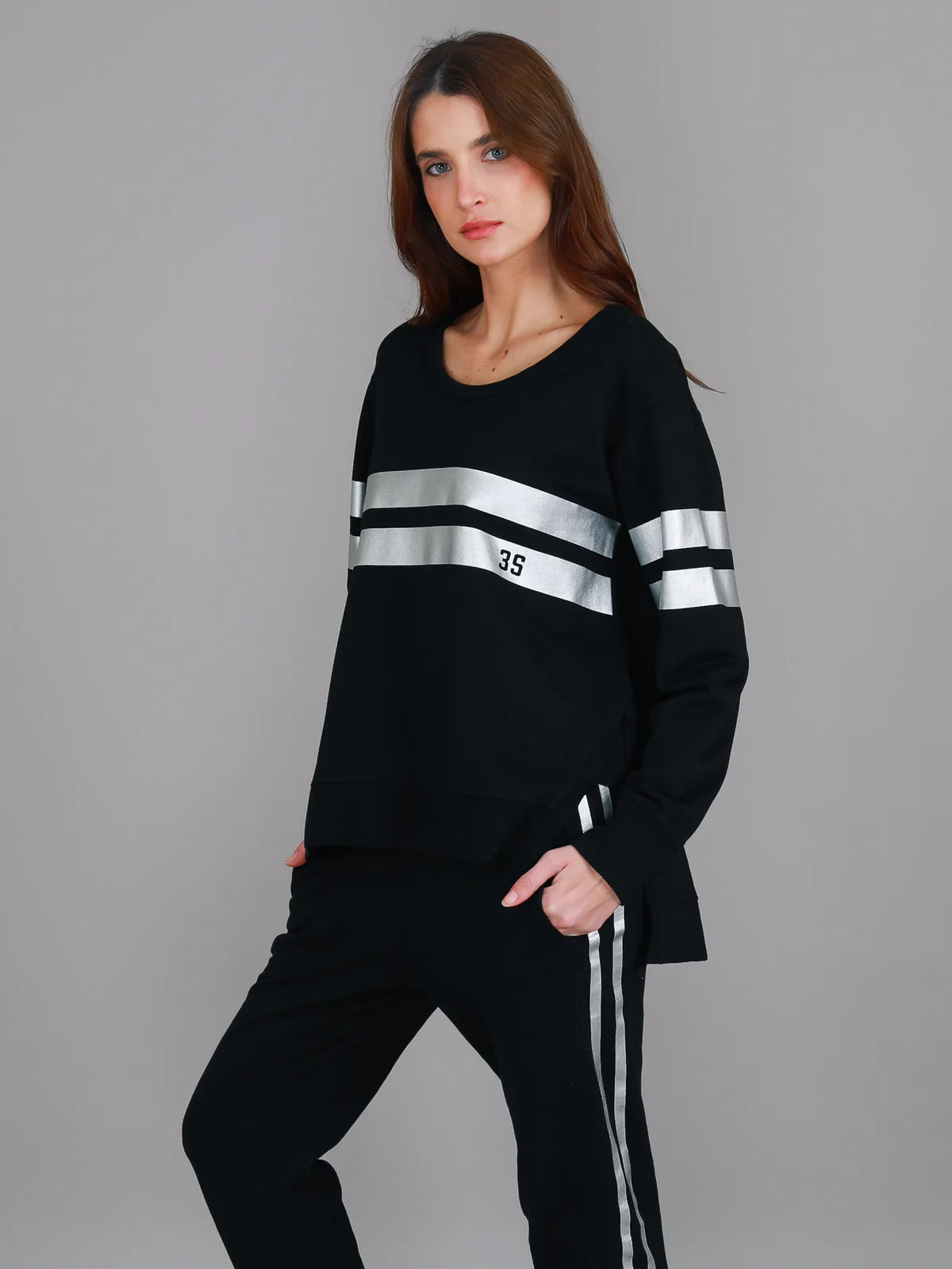 Theresa Two-Stripe Graphic Sweatshirt- Black/Silver
