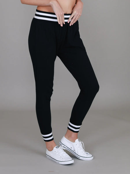 Fia Black/White Stripe Rib Jogger Pants- Black