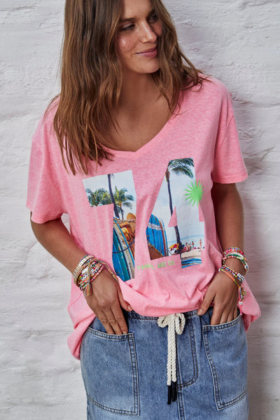 Retro Palm V Neck Tee- Hot Pink