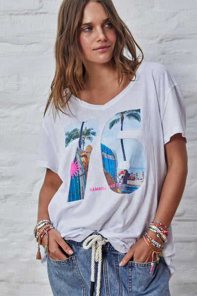 Retro Palm V Neck Tee- White