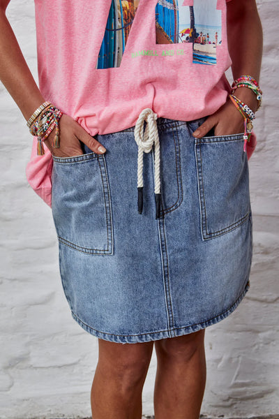 Denim Skirt with Elastic Waist-Stonewash Denim