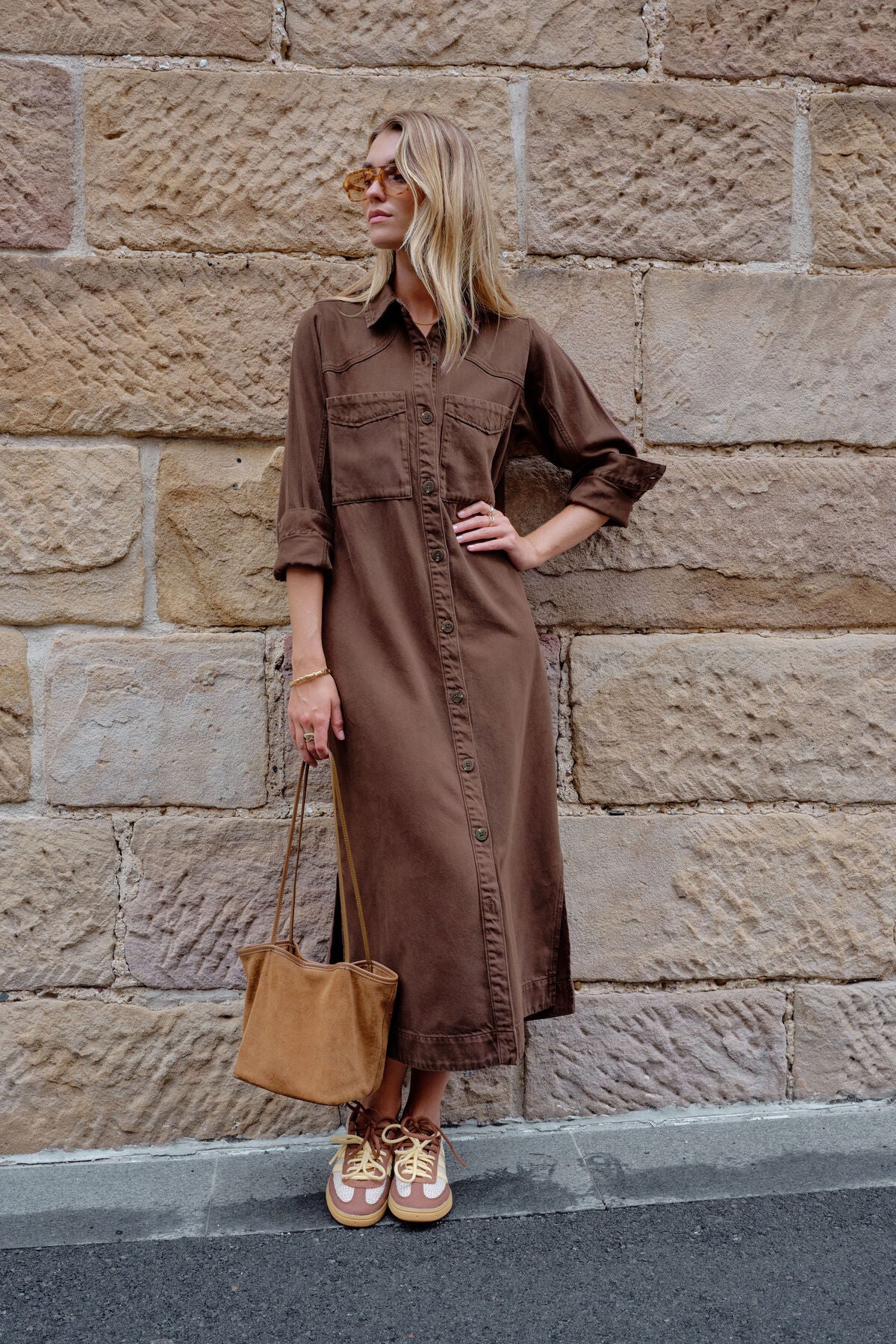 Rae Long Sleeve Midi Dress- Brown