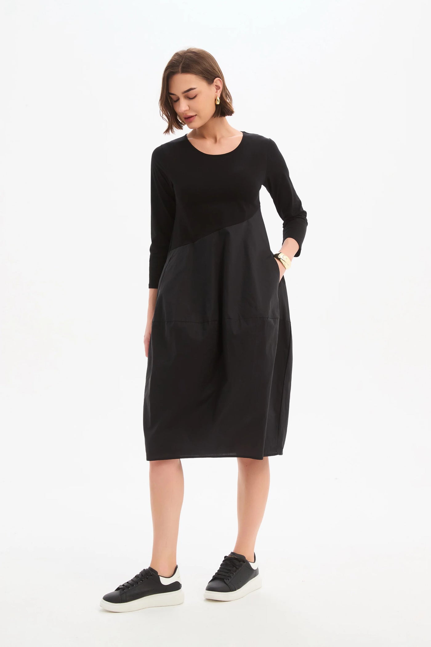Diagonal Seam Combi Dress- Black