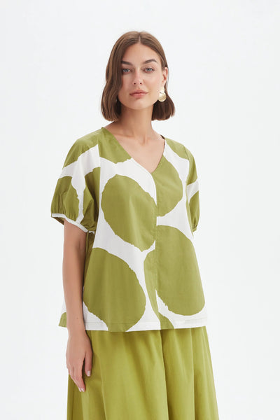 V Neck Bishop Sleeve Top- Chartreuse/White Spot