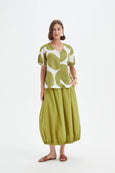 V Neck Bishop Sleeve Top- Chartreuse/White Spot