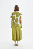 V Neck Bishop Sleeve Top- Chartreuse/White Spot