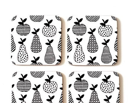 Apples & Pears Cork Backed Coasters Set of 4 | Black & White