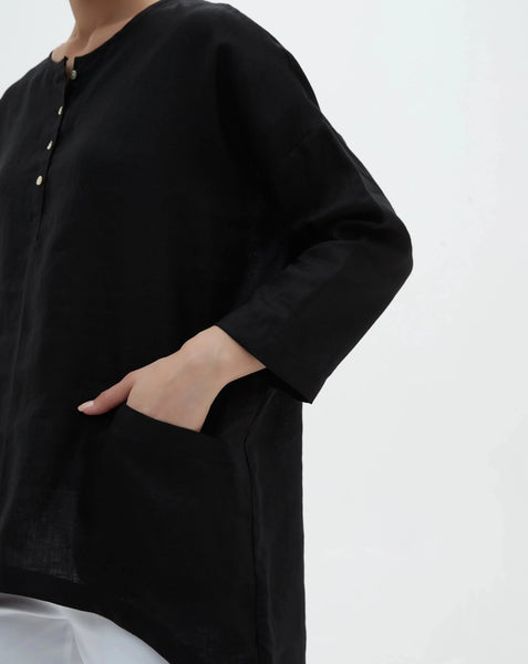 Half Placket Relaxed Top- Black