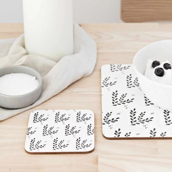 Organic Leaf Cork Backed Coasters Set of 4 | Black & White